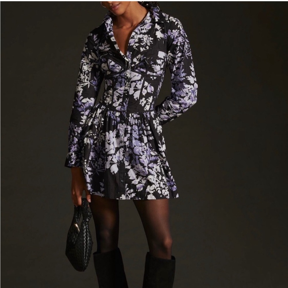 Anthropologie black purple floral corset mini dress